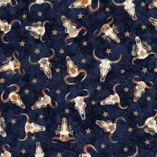 Running Wild Cow Skulls Navy Cotton Fabric