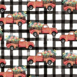 Flower Junction Trucks On Gingham Cotton Fabric
