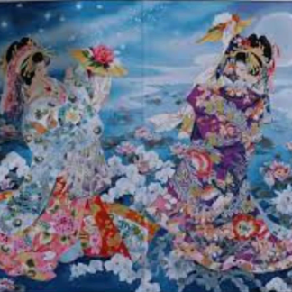 36" X 44" Panel Asian Ladies Japanese Women Kimonos Water Lilies Blue Cotton Fab
