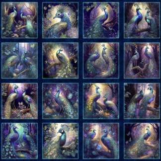 Resplendent Peacock Picture Patches Navy Cotton Fabric