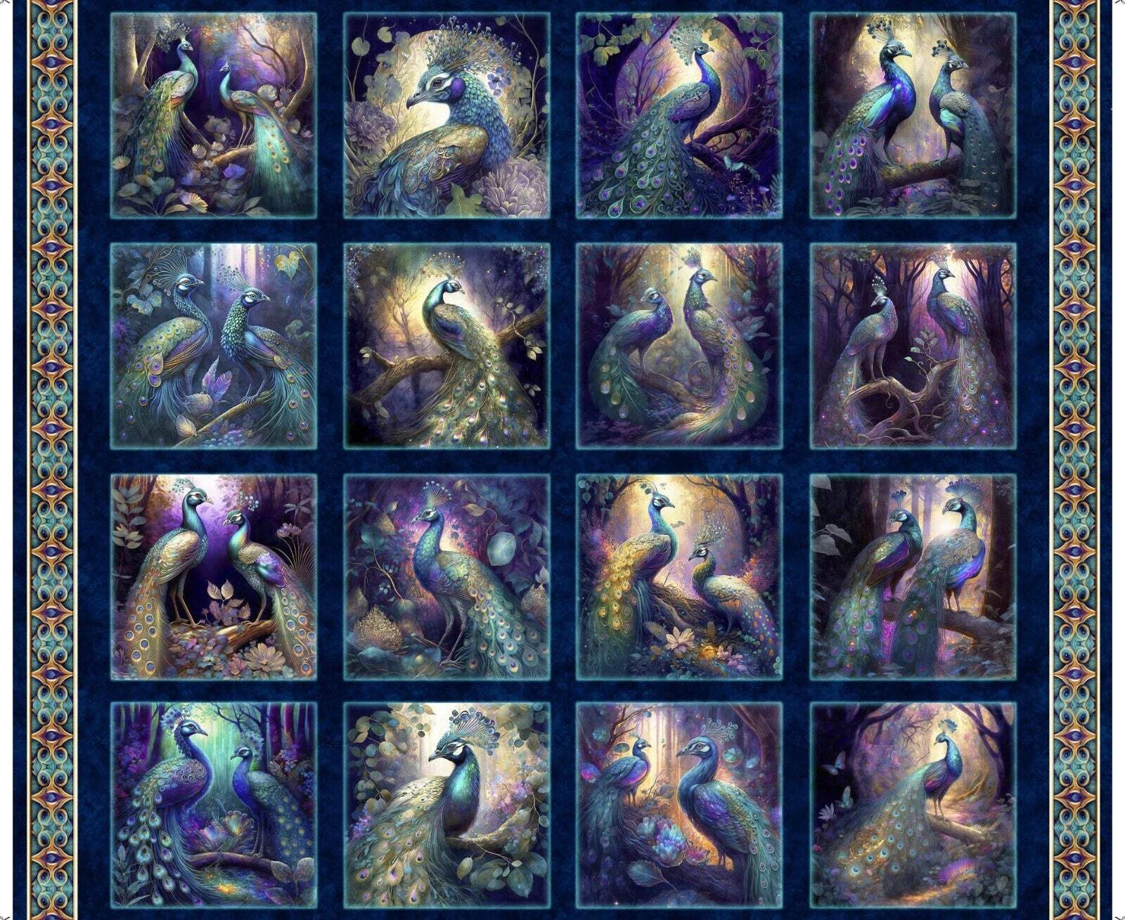 Resplendent Peacock Picture Patches Navy Cotton Fabric