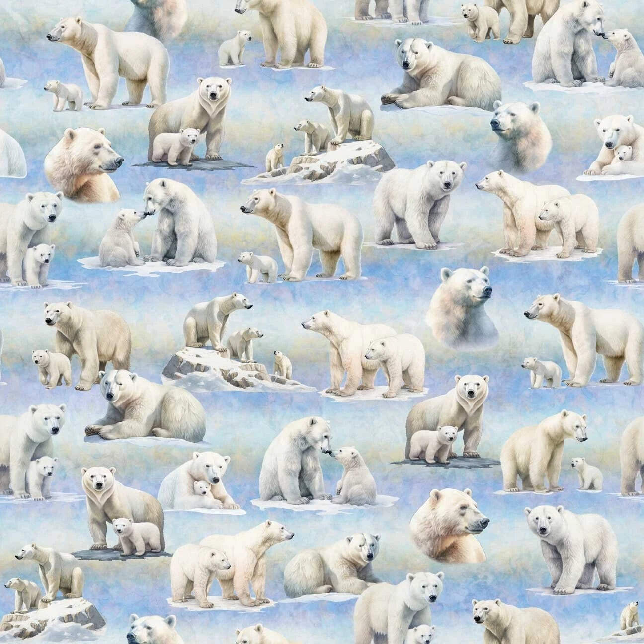 Aurora Polar Bear Vignettes Blue Cotton Fabric