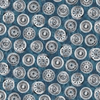 American Muscle Blue Wheels Cotton Fabric