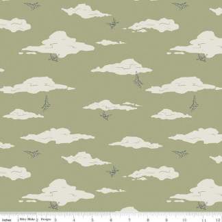 Cretaceous Pterodactyl Clouds Sage Cotton Fabric