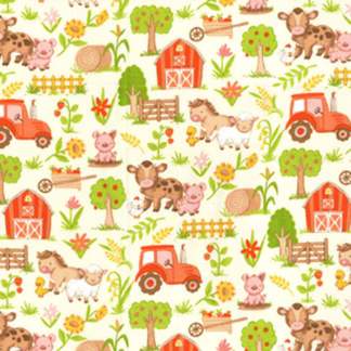Farm Babies Barn Scene on Yellow Nursery Cotton Fabric