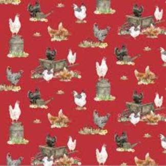 Spring Barn Quilts Chickens Red Cotton Fabric