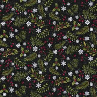 Winter Holly Berries Glitter Cotton Fabric