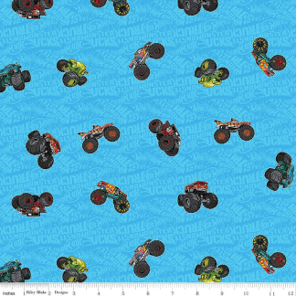 Hot Wheels Monster Trucks Toss Blue Cotton Fabric - 1 Yard Precut