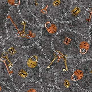 Full Steam Ahead Digital Chain, Keys, Locks Cotton Fabric