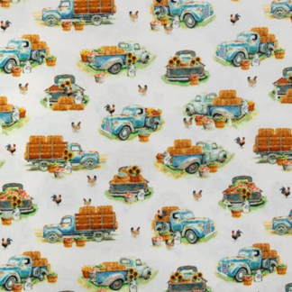 Blue Farm Trucks Calico Cotton Fabric
