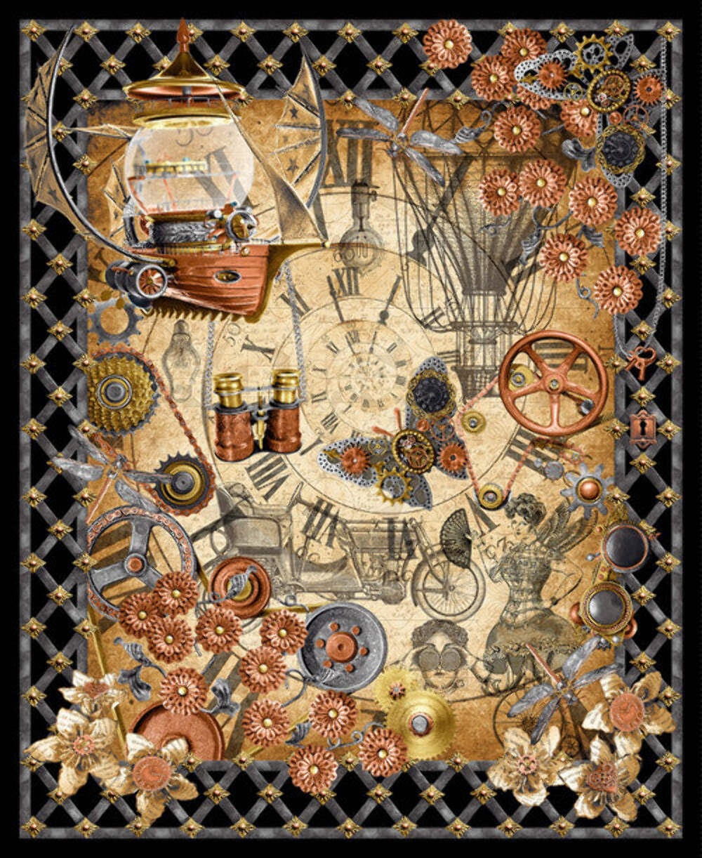 Full Steam Ahead Digital Steampunk Panel 36" Cotton Fabric