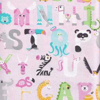 Alphabet Animals on Pink Nursery Cotton Fabric