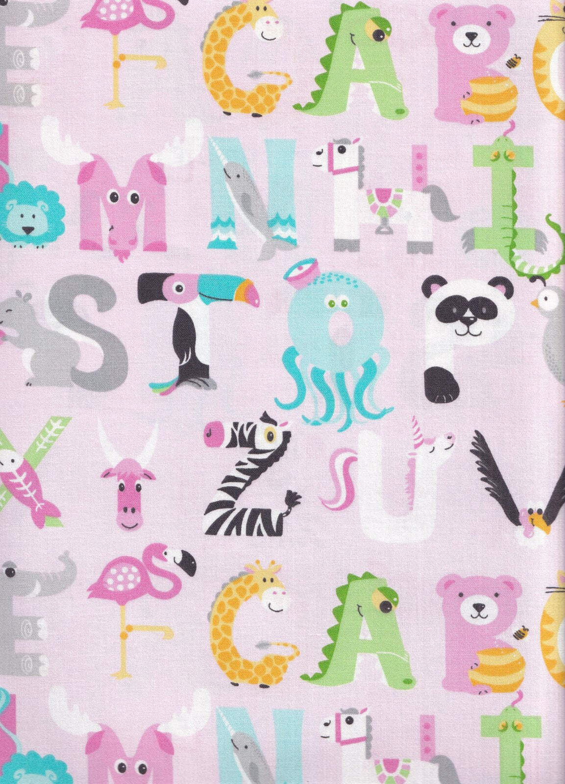 Alphabet Animals on Pink Nursery Cotton Fabric