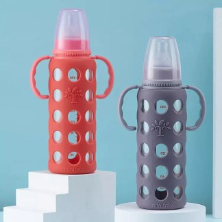 MiniTree Glass Baby Bottle 8oz w/ Food Grade Silicone Cover - Purple