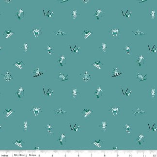 Ski Hill Skiers Teal Cotton Fabric