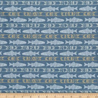 Digital Lake Escape Fish Stripe Dark Blue Cotton Fabric