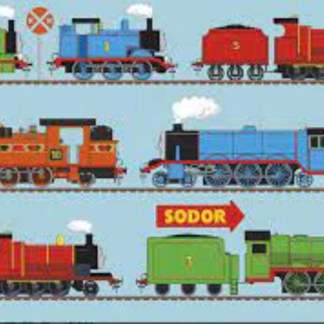 All Aboard with Thomas and Friends Train Line Blue Cotton Panel Fabric