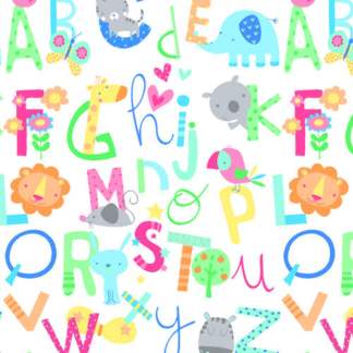 Alphabets and Animals White Flannel Fabric