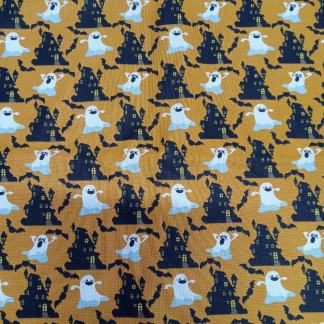 Halloween Haunted House Orange Cotton Fabric