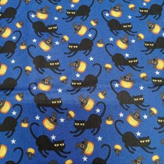 Halloween Black Cat Blue Cotton Fabric