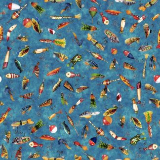 Fish Tails Lures Dark Turquoise Cotton Fabric