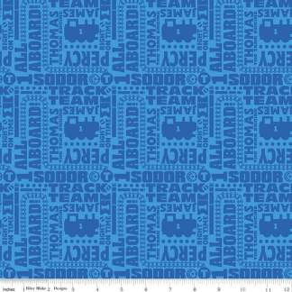 All Aboard with Thomas Friends Text Blue Cotton Fabric