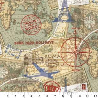 Travel Stamps Cotton Fabric