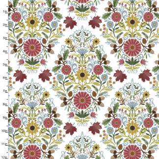 Autumn Meadow Damask Flowers White Cotton Fabric