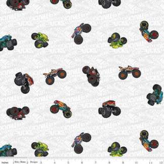 Hot Wheels Monster Trucks Toss White Cotton Fabric - 1 Yard Precut