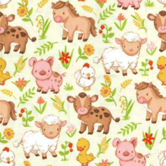 Farm Babies Grazing on Green Nursery Flannel Fabric