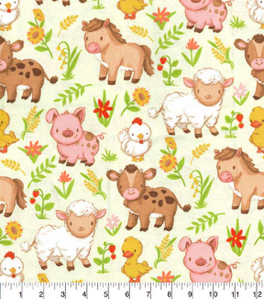 Farm Babies Grazing on Green Nursery Flannel Fabric
