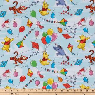 Winnie The Pooh Windy Day Balloons & Kites Blue Calico Cotton Fabric