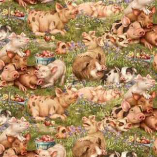 Think Happy Pigs Green Cotton Fabric