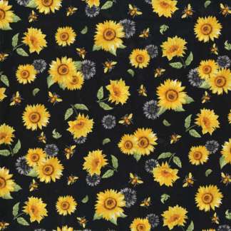 Sunflowers And Bees Black Cotton Fabric