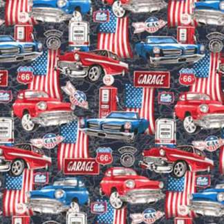 Car Travel Americana on Black Novelty Cotton Fabric