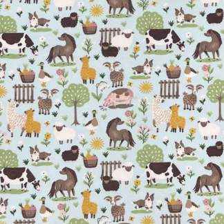 Farm Animals Blue Flannel Fabric