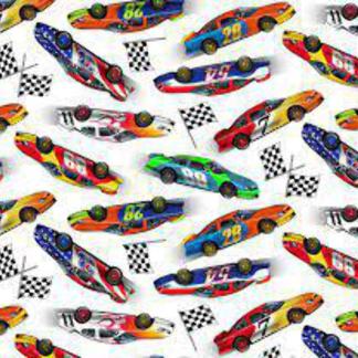 In Motion Race Cars White Cotton Fabric