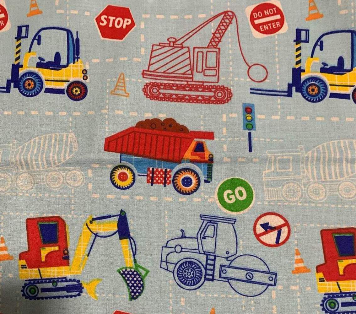 Construction Equipment Light Blue Cotton Fabric