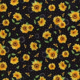 Sunflowers And Bees Speckled Black Cotton Fabric