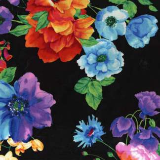 Vibrant Floral On Black Large Cotton Fabric