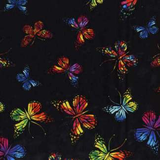 Vibrant Butterflies On Black Cotton Fabric