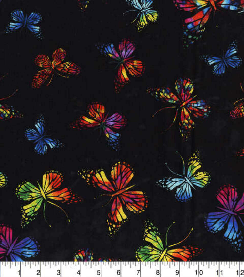 Handmade Valance or Curtain Panel Vibrant Butterflies On Black
