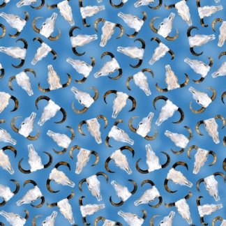 Big Sky Country Bull Skulls Blue Cotton Fabric