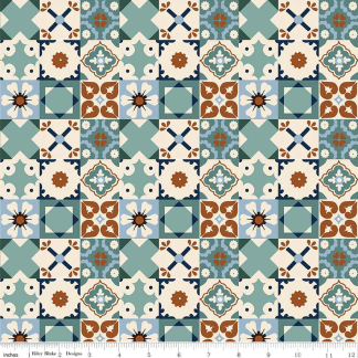 Wild Rose Tiles Teal Cotton Fabric