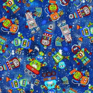 Fun Flannel Space Robots Blue Flannel Fabric