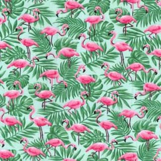 Pink Flamingos In Palm Leaves Cotton Fabric