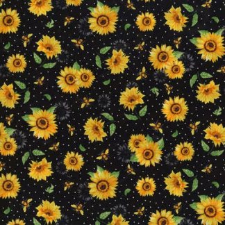 Sunflowers And Bees Speckled Black Cotton Fabric by the Yard