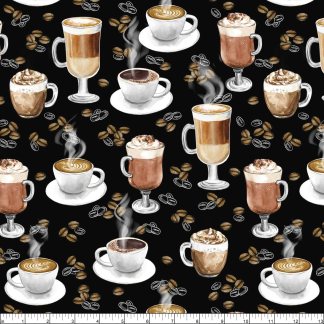 Benartex for The Love of Coffee Its Coffee Time, Fabric by The Yard (Black)