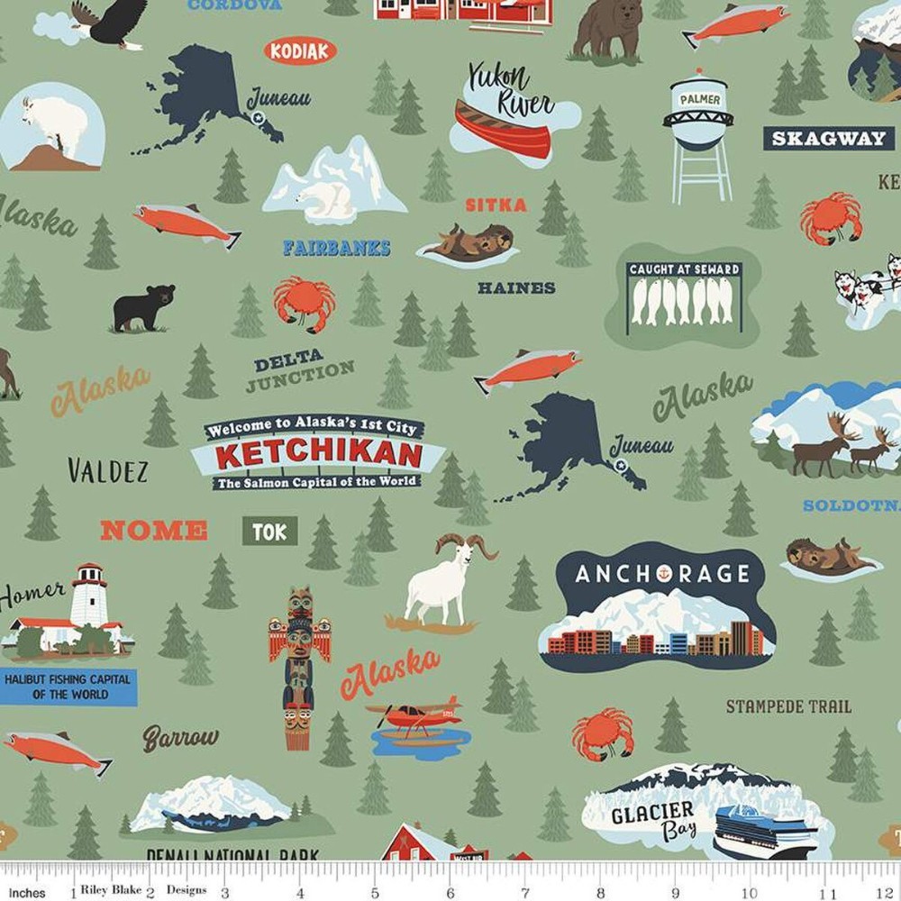 Alaska Alaska Icons Green Cotton Fabric