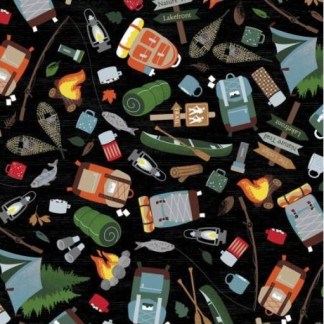 Moose Creek Lodge Gone Camping Black Cotton Fabric